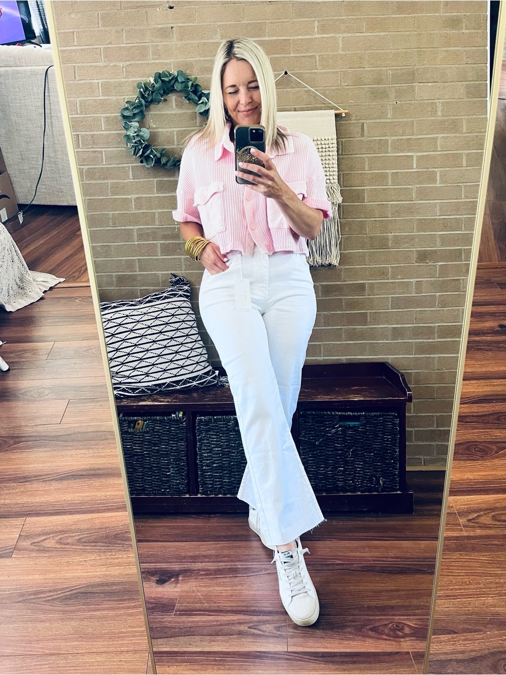 BUCKETLIST Light Pink Cropped Waffle Knit Button-Up Jacket